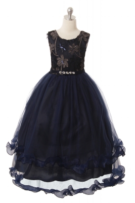 Girls Dress Style 1042 - Sleeveless Dress with Floral Applique and Ruffle Hem in Navy or Burgundy